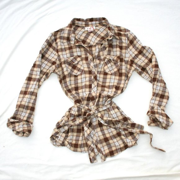 🍁CARAMEL PLAID BUTTON DOWN SHIRT SOFT FLANNEL LADIES JUNIORS XL TOP WAIST TIE - Picture 1 of 13